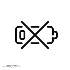 battery damage icon, charging prohibited, cross for accumulator, thin line symbol on white background - editable stroke vector illustration