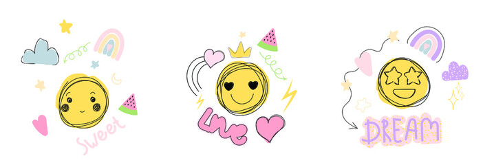 Hand drawn doodle emoji faces with youth cool stickers trendy design	