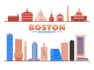 Boston Massachusetts (USA) landmarks. Isolated objects famous city buildings. Vector illustration.