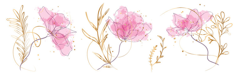 Watercolor floral illustration set - grasses, ferns and leaves for your own design. Gold ribbons and splashes. Wedding stationery, greeting cards, wallpaper or background.