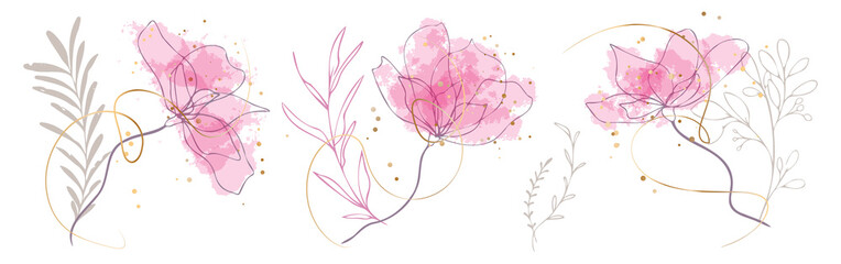 Watercolor floral illustration set - grasses, ferns and leaves for your own design. Gold ribbons and splashes. Wedding stationery, greeting cards, wallpaper or background.