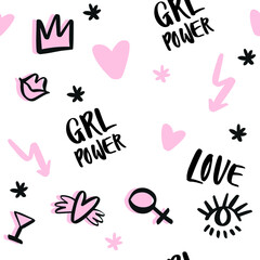 Lettering Pattern with hand-drawn elements and texts about women