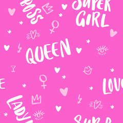 Naklejka premium Lettering Pattern with hand-drawn elements and texts about women
