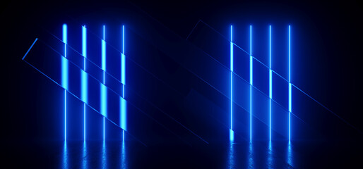 Futuristic Neon Glowing Vertical Lines Cyber Blue Laser Lights Behind Frosted Glass Panels In Dark Grunge Cement Concrete Underground Tunnel Corridor Studio Hangar 3D Rendering