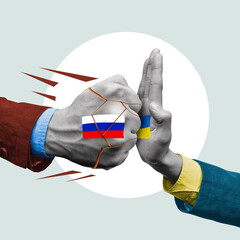 A metaphor for stopping the Russian invasion of Ukraine. Art collage.
