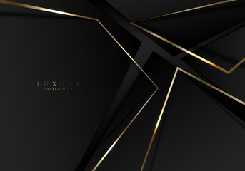 Abstract black triangles with shiny golden lines geometric on dark background