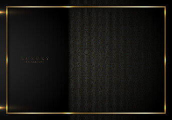 Abstract elegant 3D black stripes and golden frame on squares pattern background with lighting effect