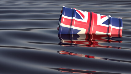 Oil drum with United Kingdom national flag swimming in an ocean of black oil. 3D Rendering