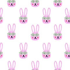 children's pattern with pink bunnies in green glasses on a white background in a hand drawing and doodle style
