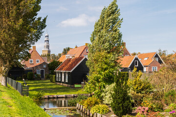 Cityscape of the small picturesque town Hindeloopen in Friesland.