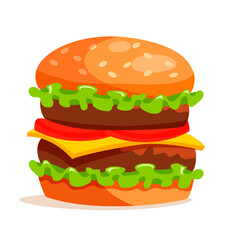 Big burger with double meat, cheese, tomato, green salad leaves quickly prepared and served isolated on white background. Vector bistro fast food menu icon design.
