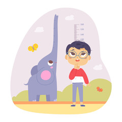 Boy measuring height, cute kid standing with cheerful elephant raising long trunk up