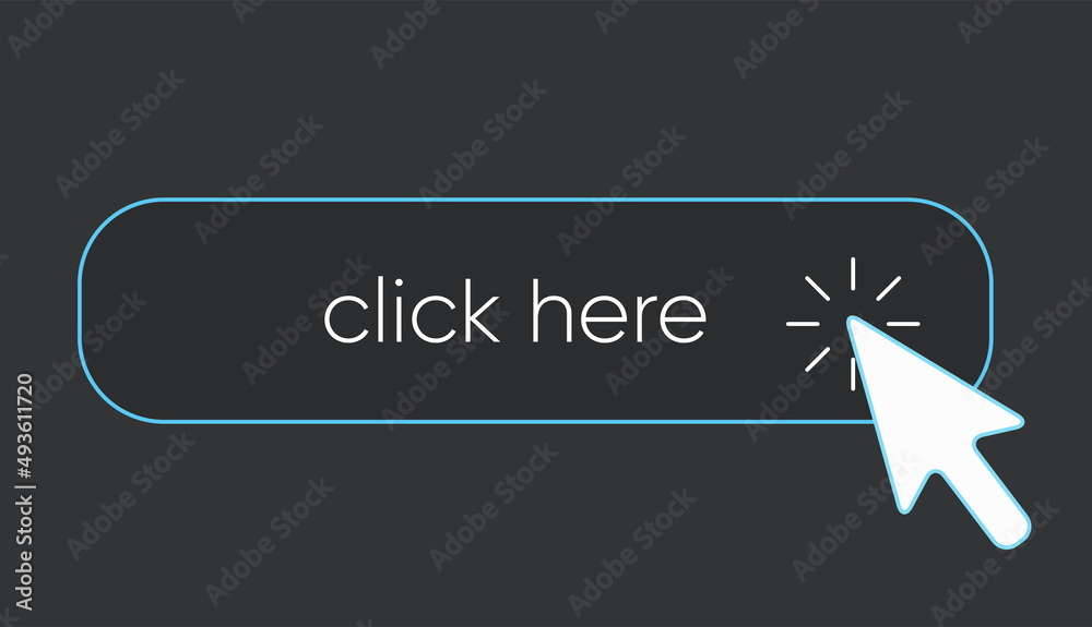 Poster click here banner. web button with action of hand pointer. click here, ui button concept. vector
