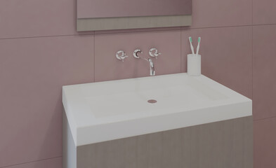 Spacious bathroom in gray tones with heated floors, freestanding tub. 3D rendering.