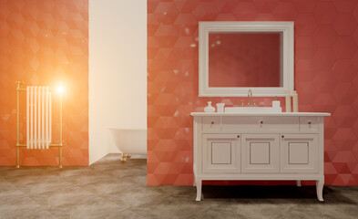 Scandinavian bathroom, classic  vintage interior design. 3D rendering.. Sunset.