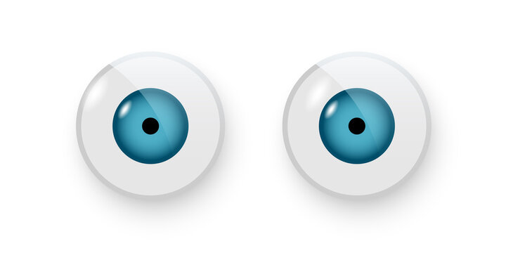 Toy eyes vector illustration. Wobbly plastic open blue eyeballs of dolls looking forward round parts with black pupil isolated on white background