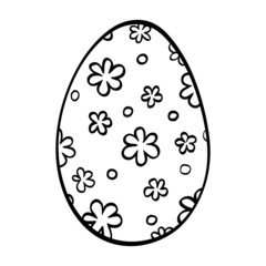 Easter egg sketch isolated on white. Hand drawn black outline in doodle style with simple flowers pattern. Single vector element for spring holiday design, cute baby print, greeting card.