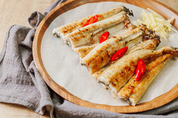 jangeogui, Cleaned eel are seasoned with salt, soy sauce, gochujang, and others to taste, and then grilled. Eel is rich in vitamins A, B, and C, which fight aging and keep the skin healthy and youthfu