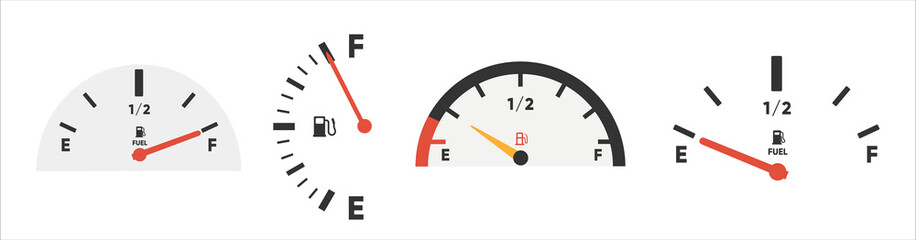 Set of Fuel gauge scales. Fuel meter. Fuel indicator. Gas tank gauge. Oil level tank bar meter. Collection Fuel gauge speedometer isolated on a white - obrazy, fototapety, plakaty