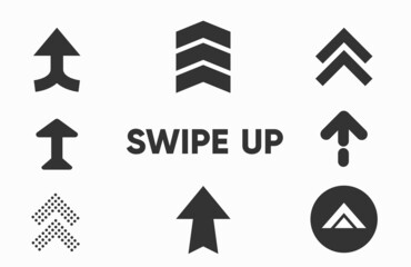 Black arrows, buttons and web icons for advertising and marketing in social media application. Swipe up, set of buttons