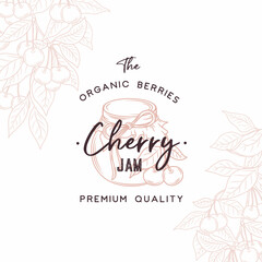 Cherry Jam Abstract Vector Sign, Symbol or Logo Template. Elegant Hand Drawn Cherry Sillhouette with Retro Typography. Vintage Luxury Emblem. Isolated.