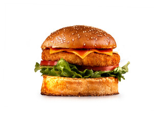 crispy chicken burger on white background