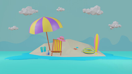 Fototapeta na wymiar 3D rendering of Beach island background with umbrella ,hat ,sunglasses,surfboard, slipper, juice, starfish and sea. use for travel advertising