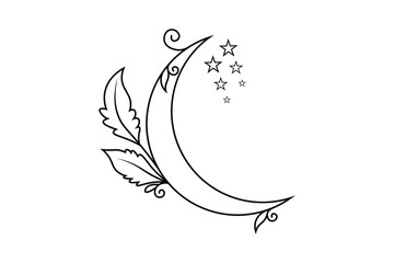 floral moon outline, moon line art drawing with flower, moon mandala