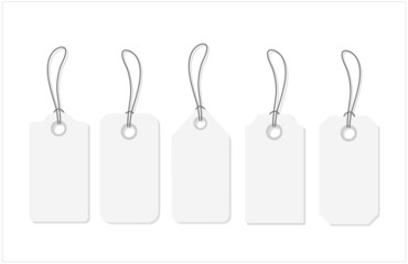 Mockup and template for paper price tag. Set of blank white tags with rope. White shopping labels and price tags in different shapes. Vector 