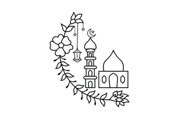 Fototapeta premium Islamic lamp outline, lamp vector design, light element line drawing 