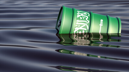 Oil drum with Saudi Arabia national flag swimming in an ocean of black oil. 3D Rendering