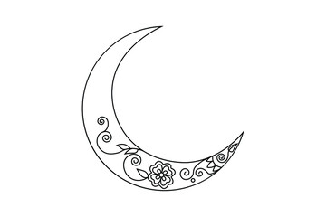 floral moon outline, moon line art drawing with flower, moon mandala