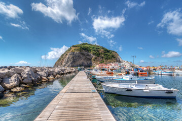 Ischia, Italy - July  05 2021: Landscape with Sant Angelo fishing village, coast of Ischia, italy