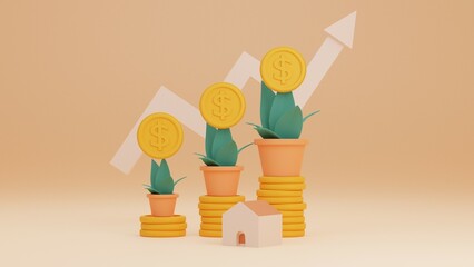 3D rendering of money investment concept. tree with coins Sorting investment coins from ascending...
