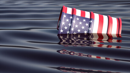 Oil drum with USA national flag swimming in an ocean of black oil. 3D Rendering - 493614962
