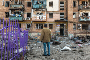 Damaged residential buildings in the aftermath of  shelling in Kyiv