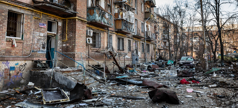 Damaged residential buildings in the aftermath of  shelling in Kyiv