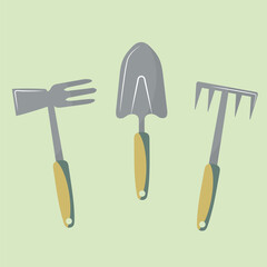 Garden vector concept design with shovel, watering can and wheelbarrow with plants and flowers. Gardening tools