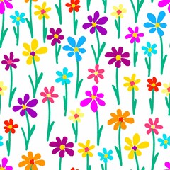 Simple floral vector seamless pattern. Small multi-colored flowers on a white background. For fabric prints, textile products.