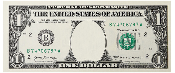 Clear 1 Dollar Banknote pattern, One hundred dollar border with empty middle area, U.S. 1 highly detailed dollar banknote. on a white background.
 - obrazy, fototapety, plakaty