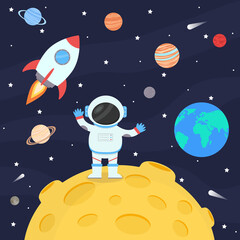 Astronaut in a spacesuit on the moon, next to a rocket, against the background of the starry sky and the planets of the solar system.
