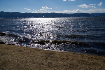 The view of shining lake Suwa in Nagano.