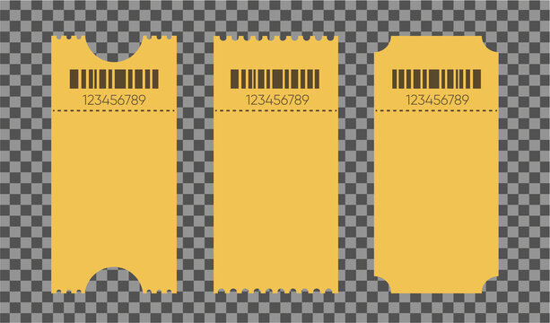 Blank tickets mockup for entrance to the concert. Set of empty ticket templates isolated on transparent background. Vector