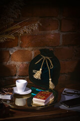 Blurred predictions background. Tarot cards layout on witch table.