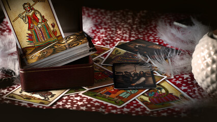 Blurred predictions background. Tarot cards layout on witch table.