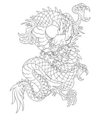Oriental painting dragon illustration tattoo transfer line looking down old