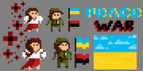 Ukraine icons in the style of pixel art.