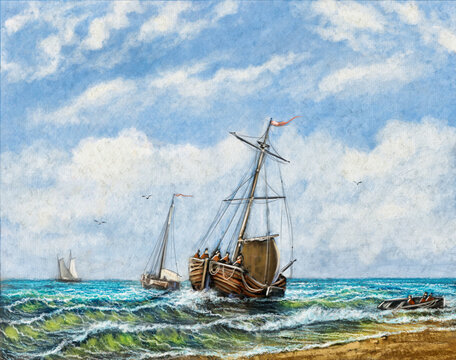 Old ship in the sea, fisherman. Fine art. Oil paintings landscape.