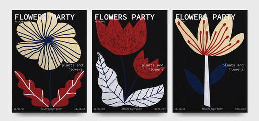 Collection of abstract posters with flowers with paper texture on isolated background
