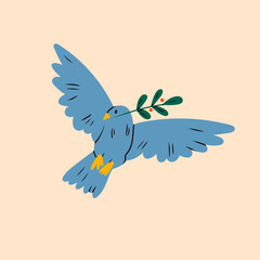 Dove of peace. Flying bird with an olive branch in beak. Peace and love, freedom, no war concept. Hand drawn modern isolated Vector illustration. Icon, logo template